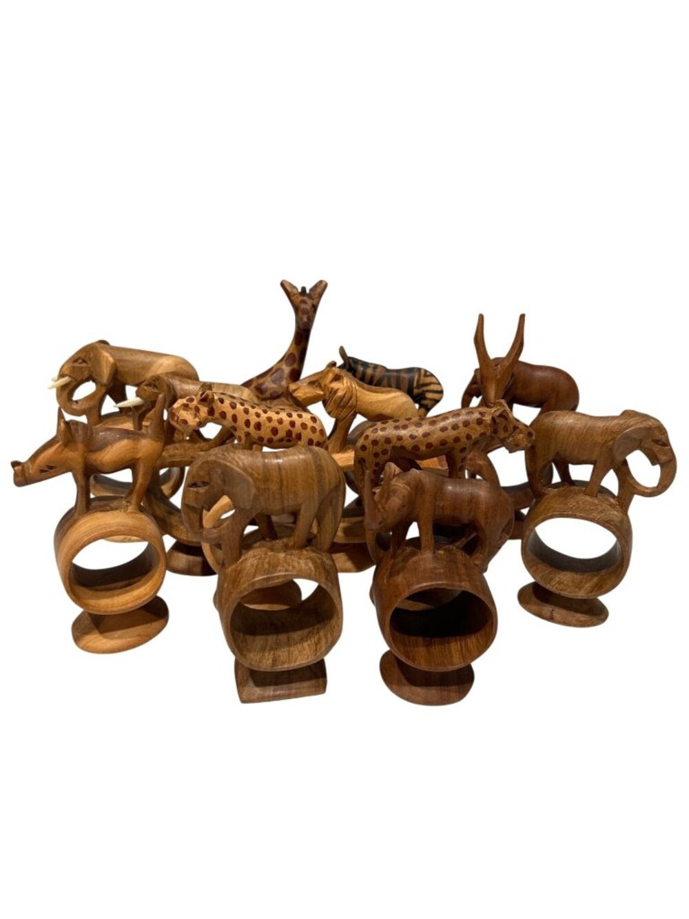 Hand-Carved Wooden Animal Napkin Rings Set Of 12 Unique Table Decor Rustic Desig